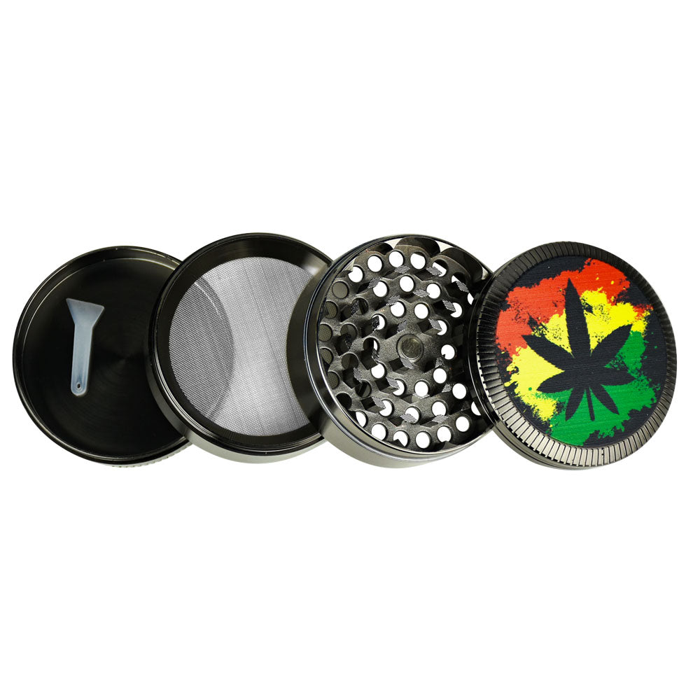 6-pack Hemp Leaf Metal Grinders with kief catcher and scraper, top view on white background