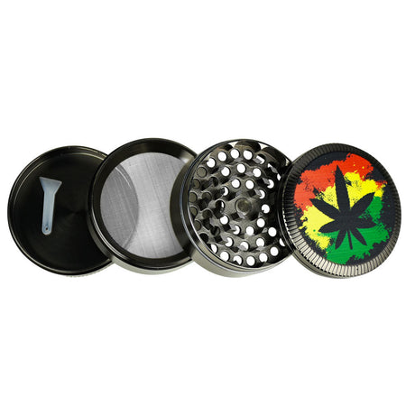 6-pack Hemp Leaf Metal Grinders with kief catcher and scraper, top view on white background