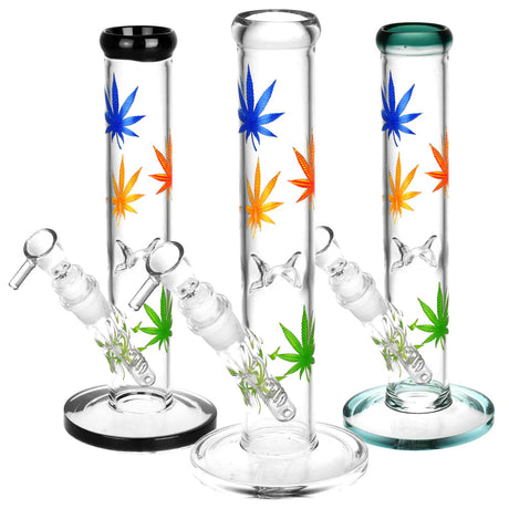 Hemp Leaf Straight Tube Borosilicate Glass Water Pipes with Colorful Leaf Designs