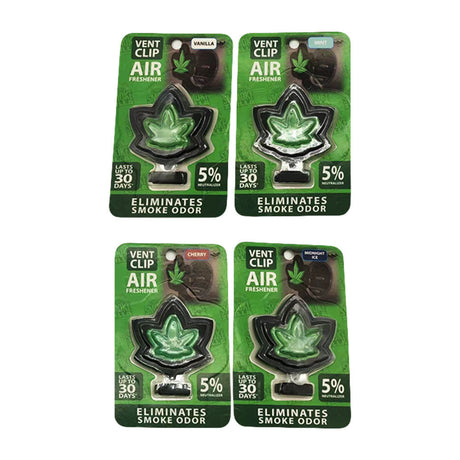 Assorted Hemp Leaf Car Air Fresheners with Vent Clips in Display Packaging
