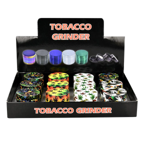 Hemp Leaves 4-Piece Aluminum Grinders Display Box - 12 Pack, Various Colors