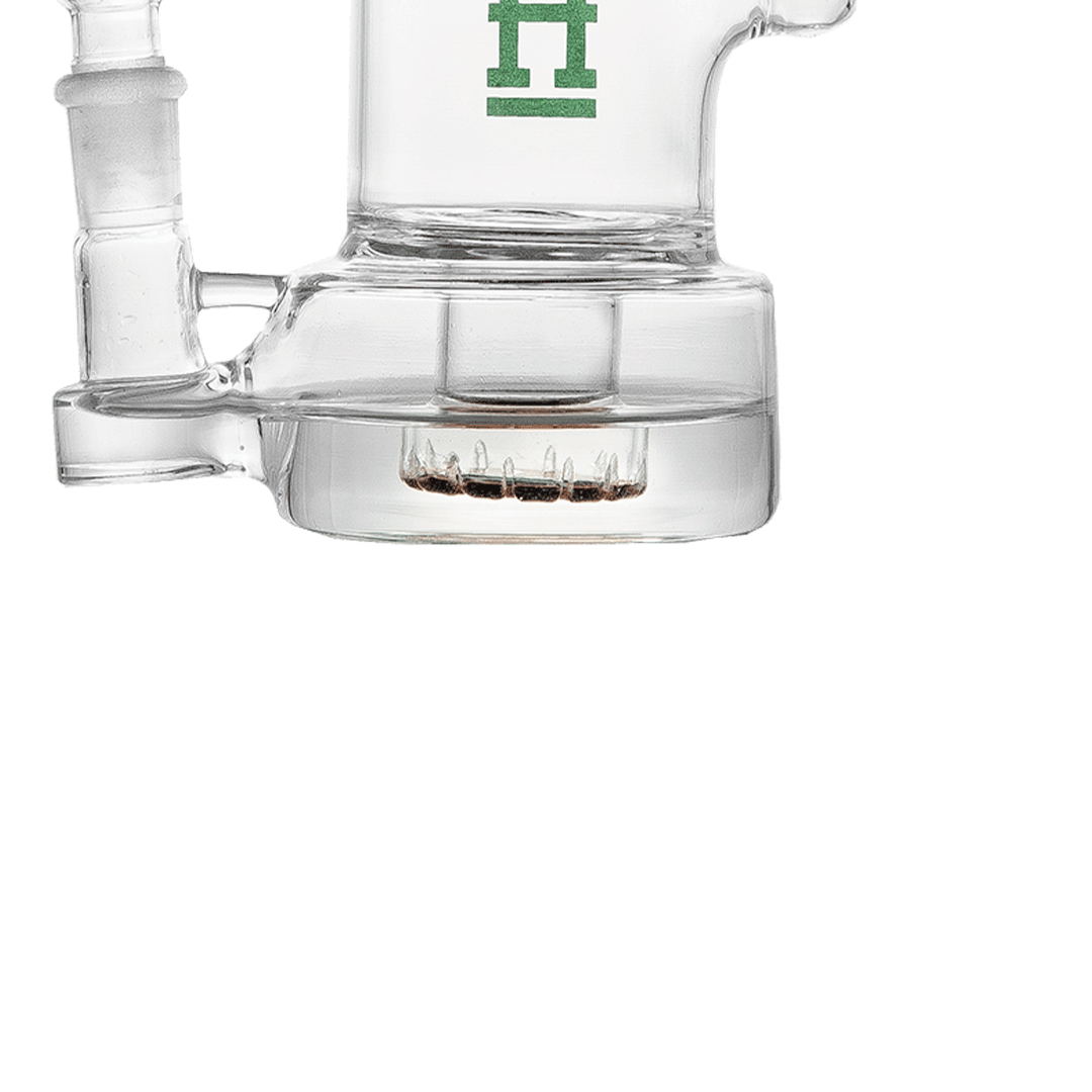 Hemper Bell Rig bong in transparent glass, 7" height, 14mm joint, side view on white background
