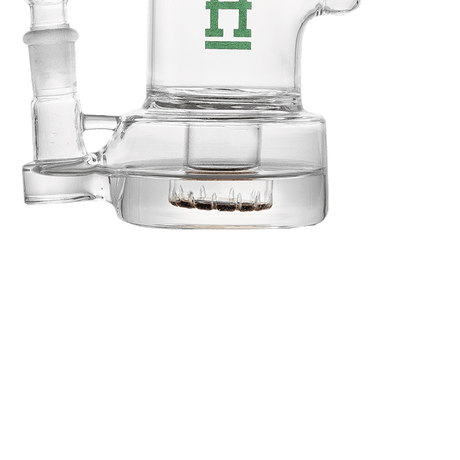 Hemper Bell Rig bong in transparent glass, 7" height, 14mm joint, side view on white background