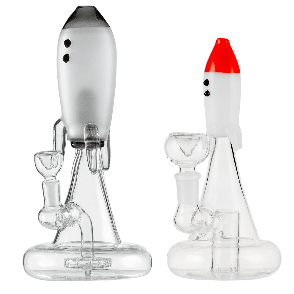 Hemper Blast Off Water Pipe in Borosilicate Glass, Rocket Shape Design, Front and Side View