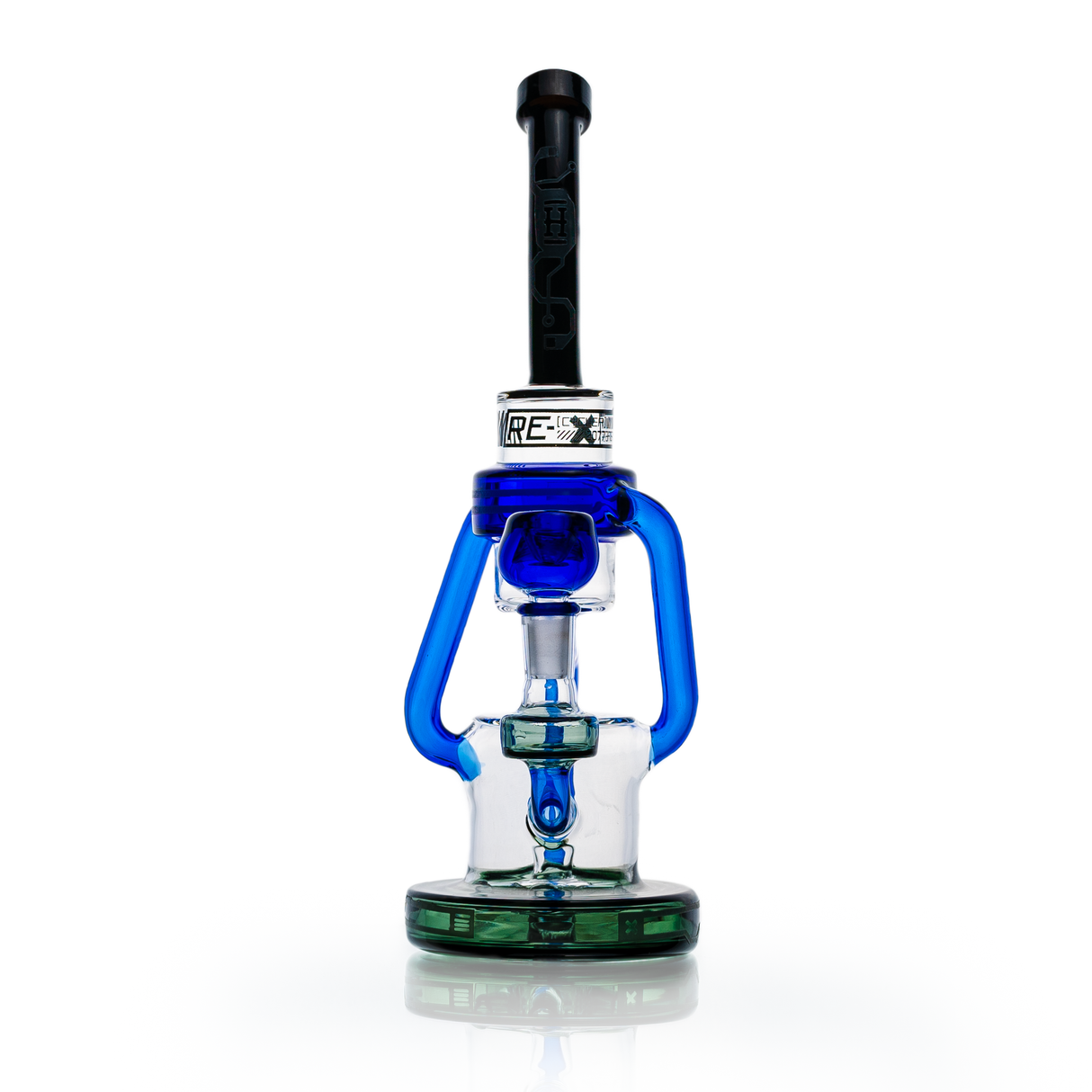 Hemper Cyberpunk XL Recycler Bong with blue accents, front view on seamless white background