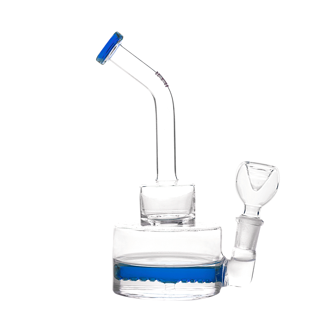 Hemper Inline Puck Bong V2 in Blue with In-Line Percolator, 7" Height, Side View