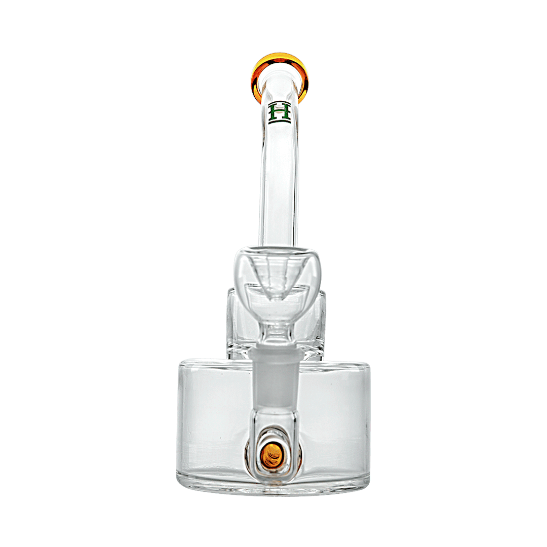 Hemper Inline Puck Bong V2 with amber accent, clear glass, in-line percolator, front view on white background
