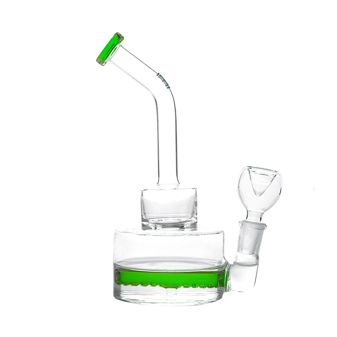 Hemper Inline Puck Bong V2 in green with clear glass, side view on white background
