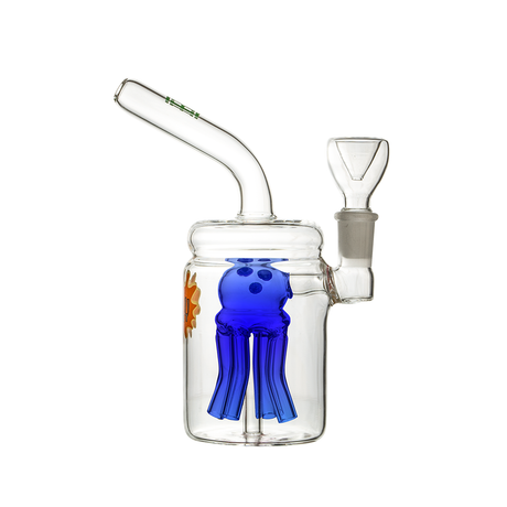 Hemper Jellyfish Jar Bong in clear glass with blue accents, 7" height, 14mm female joint - front view