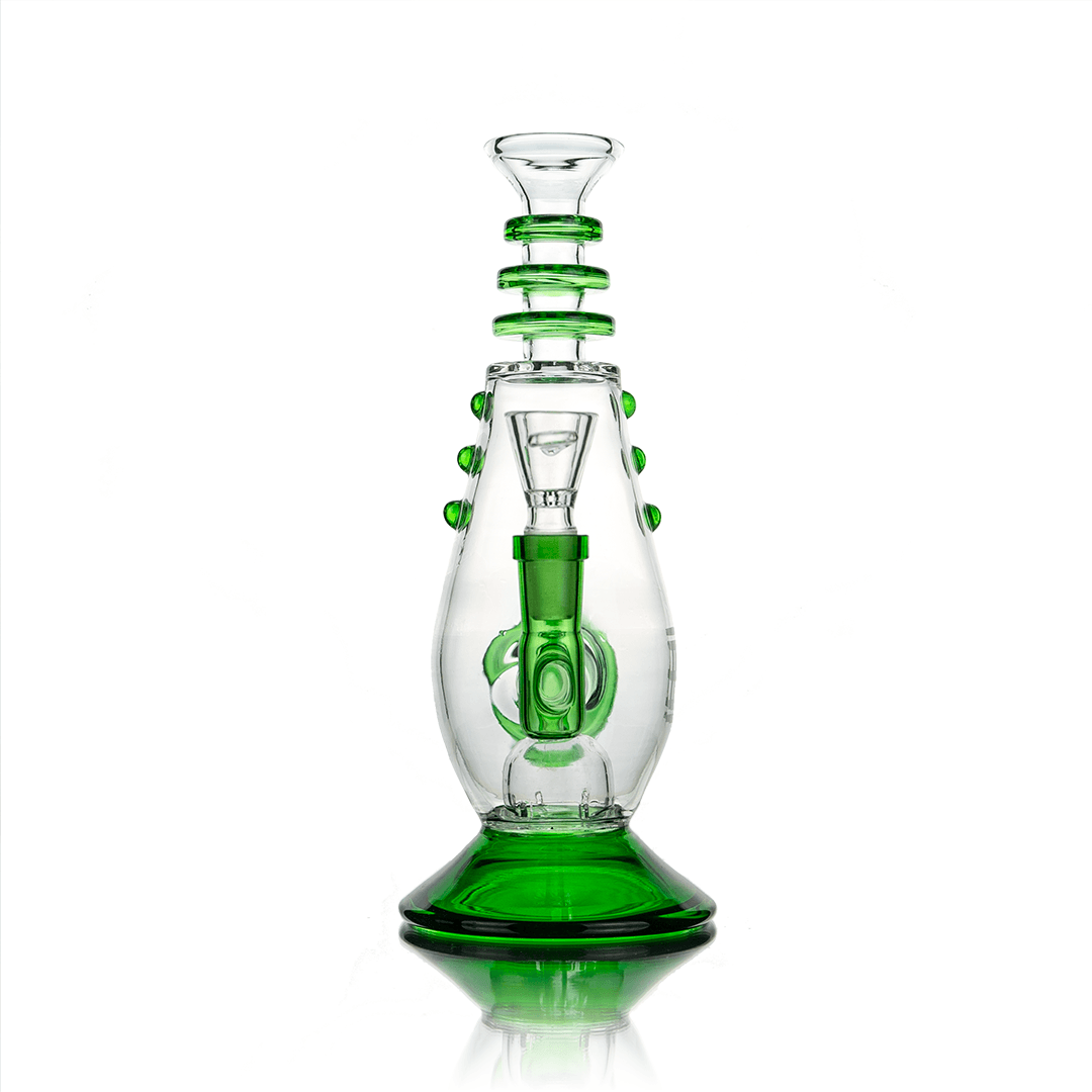 Hemper Phaser Bong in Borosilicate Glass with Green Accents, 14.5mm Female Joint, Front View