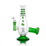 Hemper Phaser Bong in green, 9" tall with 14mm female joint, front view on white background