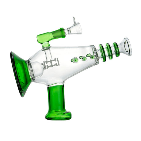 Hemper Phaser XL Water Pipe, 9", 14mm Female Joint, Borosilicate Glass, Green Accents, Side View
