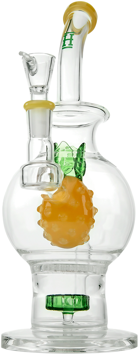 Hemper Pineapple Bong XL, clear borosilicate glass with yellow accents, front view on white background
