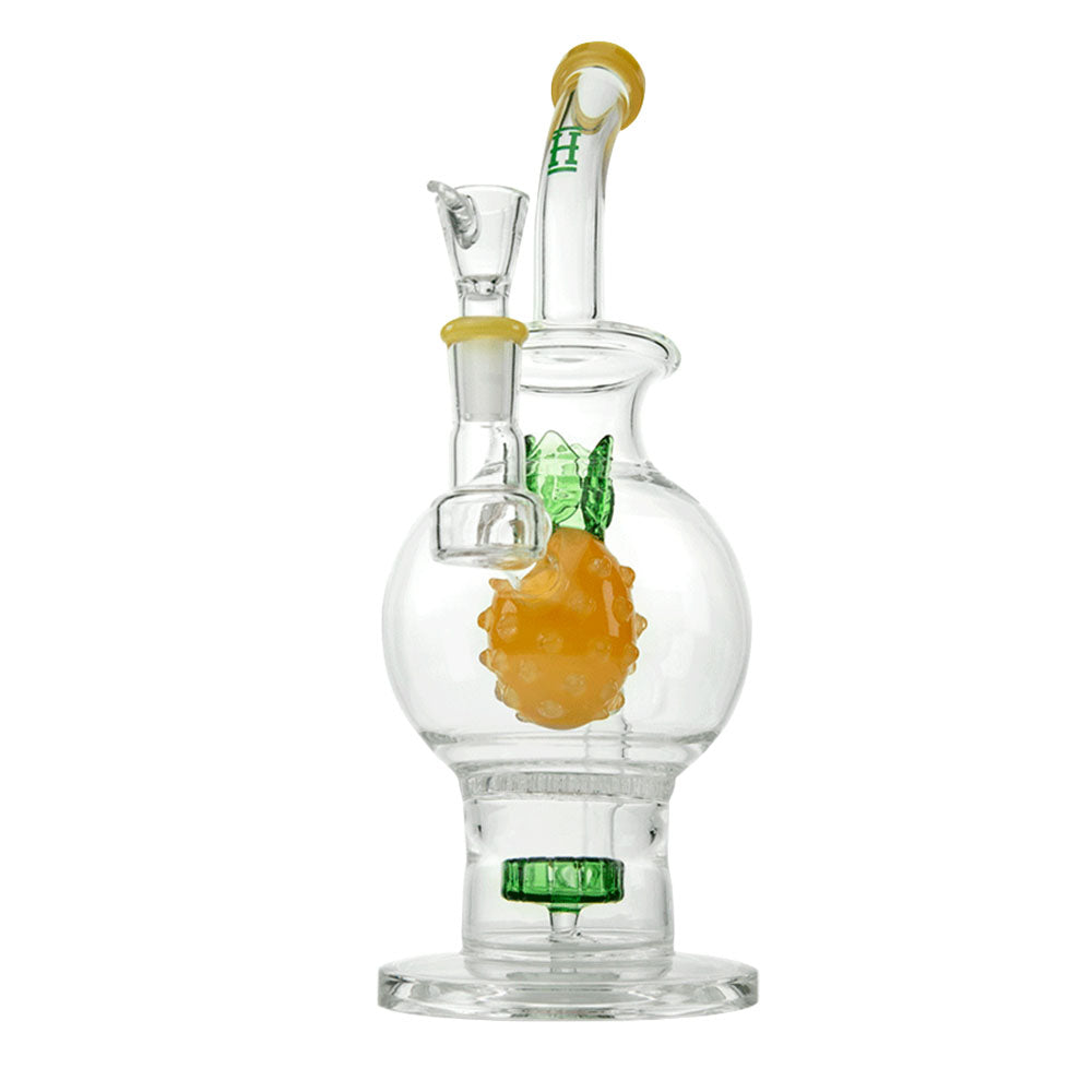 Hemper Pineapple Water Pipe made of Borosilicate Glass, front view on white background
