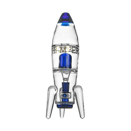 Hemper Rocket Ship XL Bong in Blue, 11" Tall with 14mm Joint, Front View on Seamless White