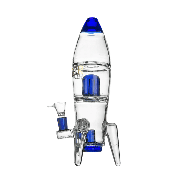 Hemper Rocket Ship XL Bong in Black and Blue, 11" Tall with 14mm Joint, Front View