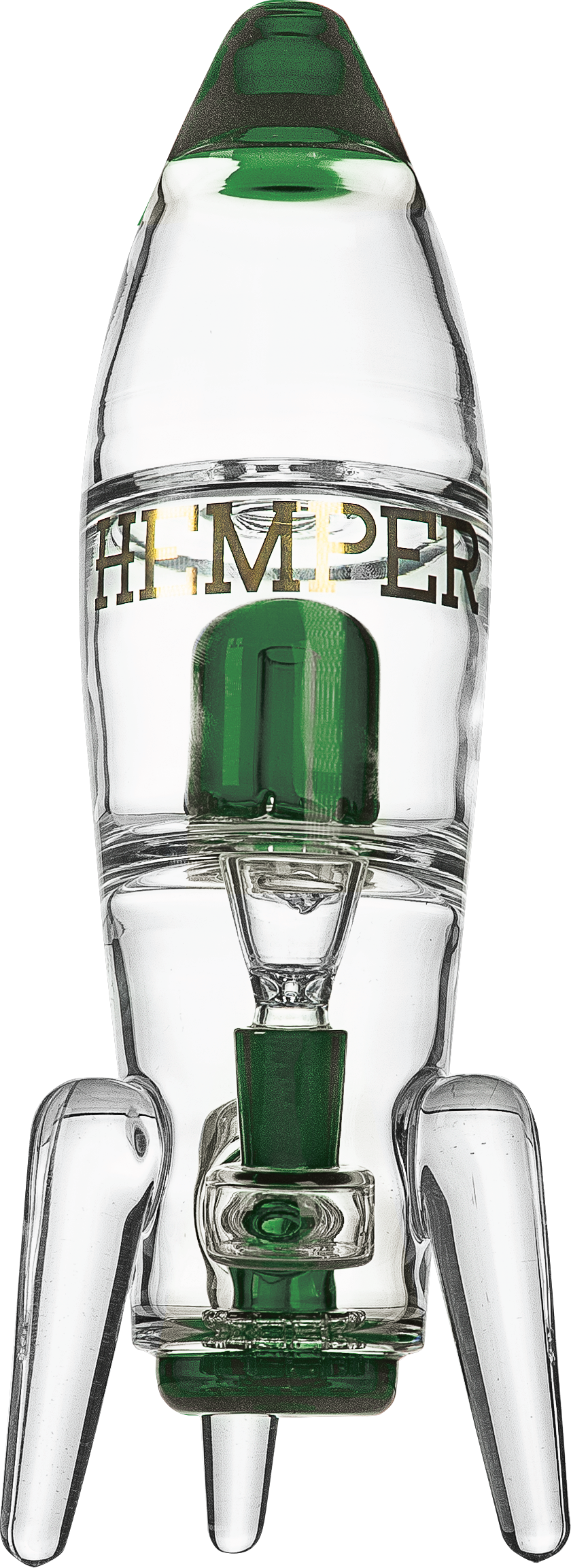 Hemper Rocket Ship XL Bong in Green, 11" Tall with 14mm Joint, Front View on White Background