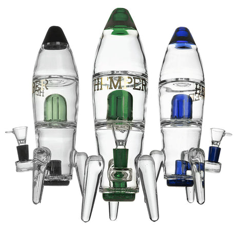 Hemper Rocket Ship XL Water Pipes in clear, green, and blue with borosilicate glass, front view