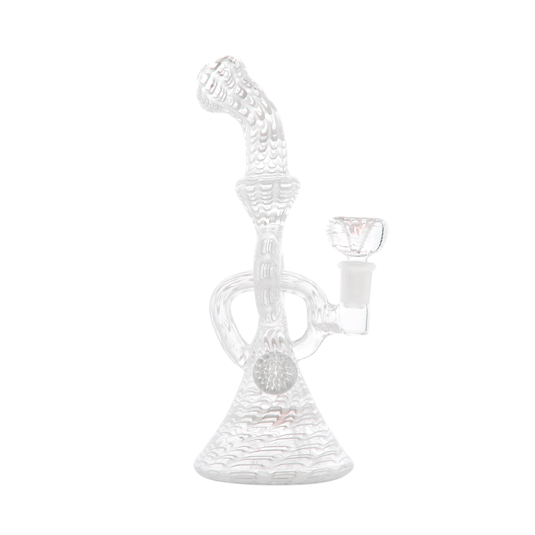 Hemper Snakeskin Bong in white with intricate texture, 9" tall, front view on seamless green background