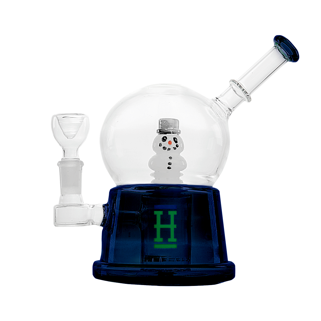 Hemper Snow Globe XL Bong in Blue with Snowman Percolator and 14mm Bowl, Front View