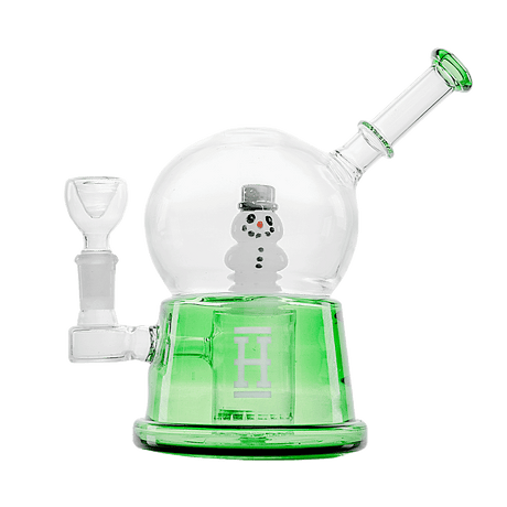 Hemper Snow Globe XL Bong with Snowman Inside, Green Base, 8" Tall, Front View