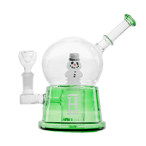 Hemper Snow Globe XL Bong with Snowman Inside, Green Base, 8" Tall, Front View