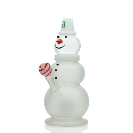 Hemper Snowman XL Bong in white, 10" tall with a 45-degree joint angle, front view on white background