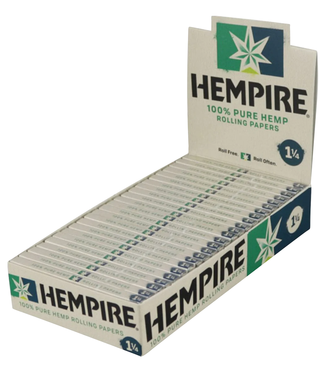 Hempire Hemp Rolling Papers 1 1/4" size 24-pack displayed in an angled front view