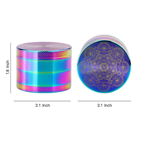 PILOT DIARY Mandala Herb Grinder, Iridescent Finish, Front and Top View