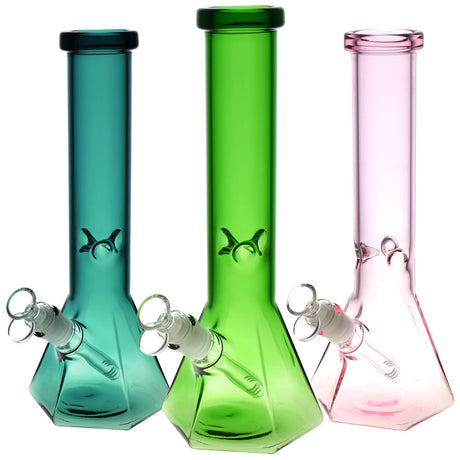 Hextasy Hexagonal Beaker Water Pipes in teal, green, and pink - 12" Borosilicate Glass