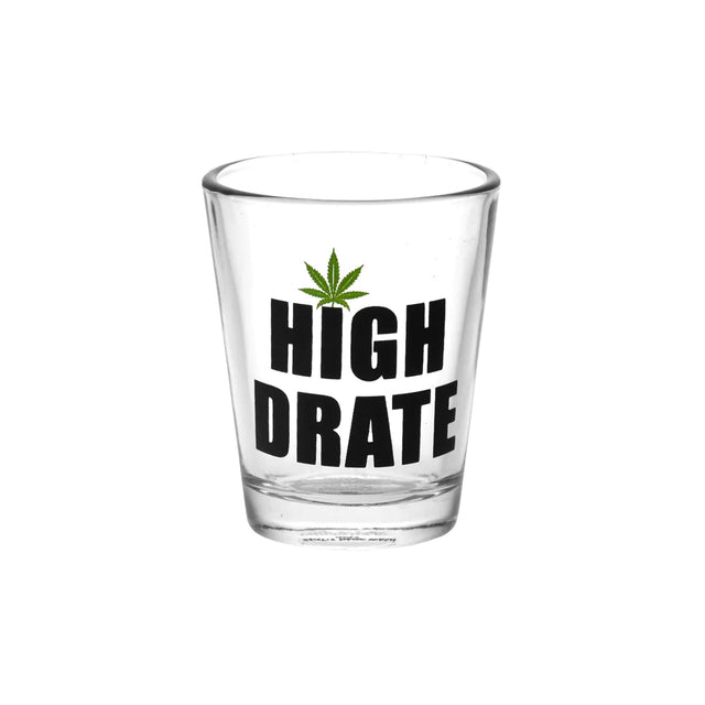 Borosilicate glass shot glass with 'HIGH DRATE' print and cannabis leaf, front view