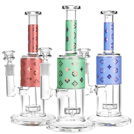 Trio of High Fashion Water Pipes in red, green, and blue with patterned designs, 9.5" tall, 90-degree joint, front view