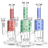 Trio of High Fashion Water Pipes in red, green, and blue with patterned designs, 9.5" tall, 90-degree joint, front view