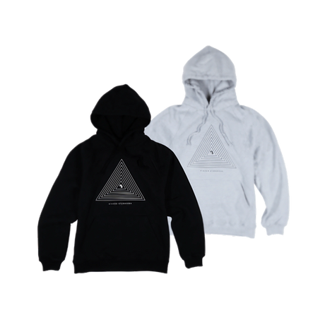 Higher Standards Hoodie in black and grey, unisex, with concentric triangle logo, front view