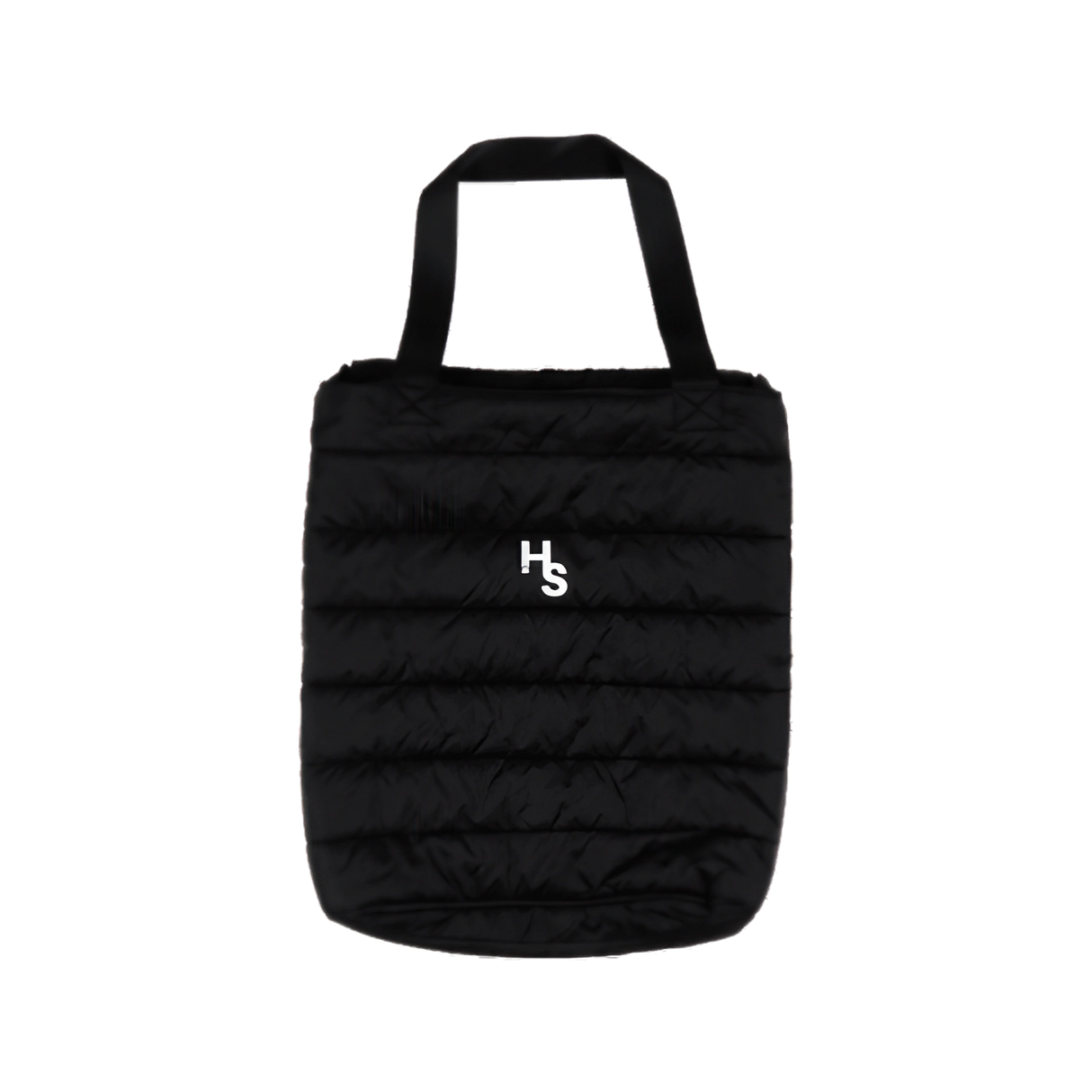 Higher Standards black quilted tote bag with white logo, front view on a seamless background