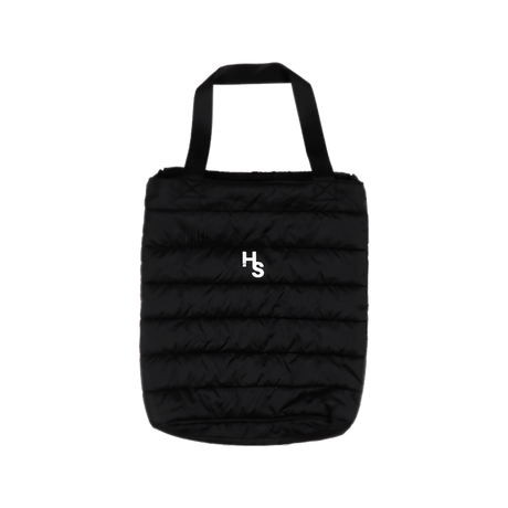 Higher Standards black quilted tote bag with white logo, front view on a seamless white background