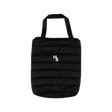 Higher Standards black quilted tote bag with white logo, front view on a seamless white background