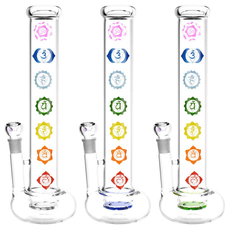 Three Hollow Base Chakra Water Pipes with colorful chakra symbols, 14" height, 90-degree joint, front view