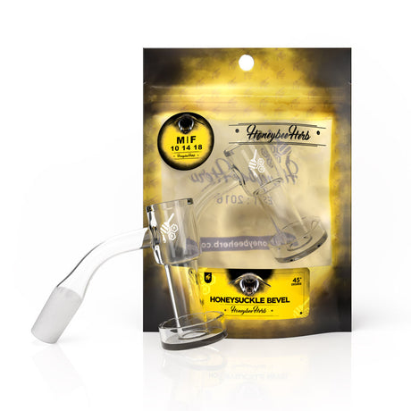 Honeybee Herb Honeysuckle Bevel Quartz Banger at 45° angle, clear, on retail packaging