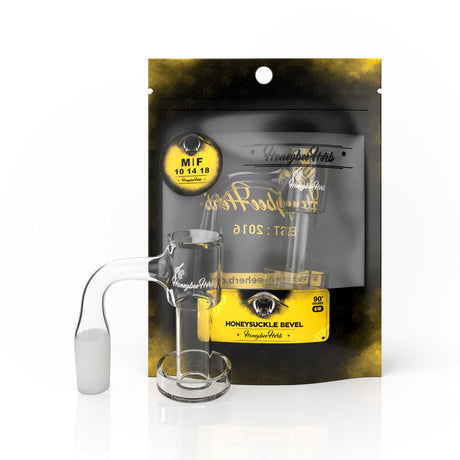 Honeybee Herb Honeysuckle Bevel Quartz Banger 90°, clear, displayed with packaging