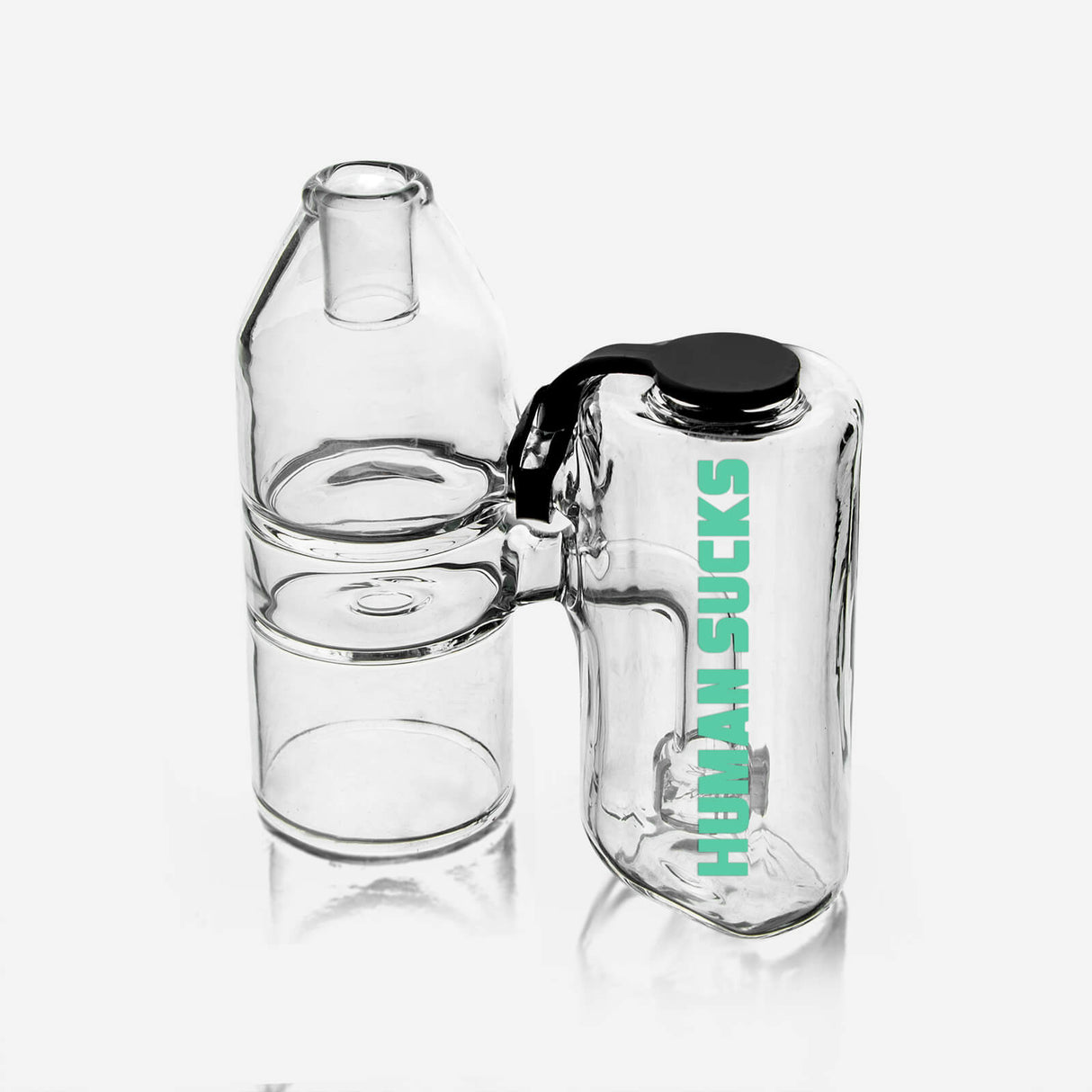 HUMANSUCKS STINGER Glass Bubbler - Clear Front View with Black Lid