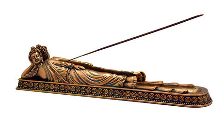 Polyresin Buddha Lying Down Incense Holder, 11" Size, Side View with Incense Stick