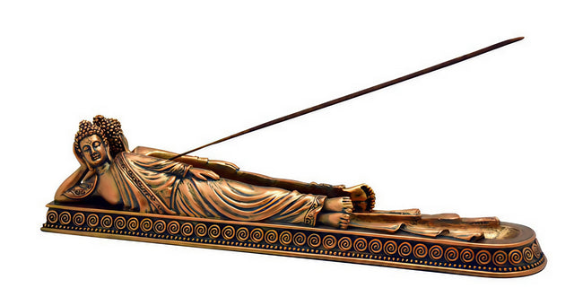 Polyresin Buddha Lying Down Incense Holder, 11" Size, Side View with Incense Stick