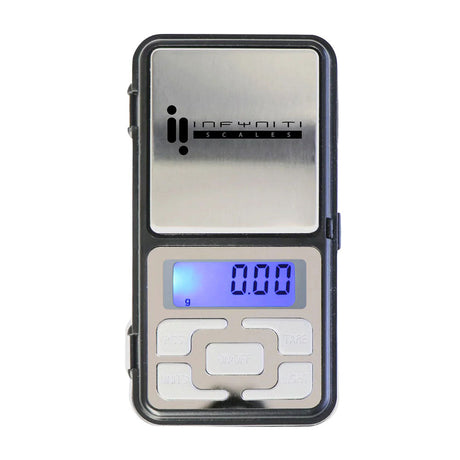 Infyniti Mobile Digital Pocket Scale open front view showing blue LCD and 0.01g accuracy