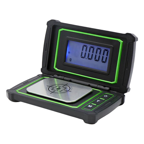 Infyniti Prism Digital Scale with green LED display, open cover, front view, on white background