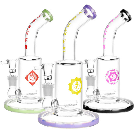 Assorted Inline Perc Chakra Water Pipes with vibrant decals, compact 7.5" height, angled view