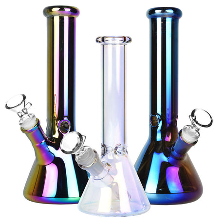 Trio of Iridescent Beaker Water Pipes, 10" Tall, 14mm Female Joint, Borosilicate Glass, Front View