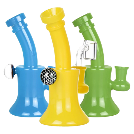 Trio of colorful mini dab rigs with opal marble detail, 90-degree joint angle, front view