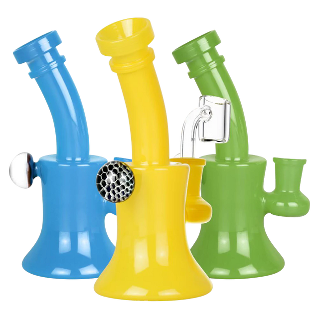 Trio of colorful mini dab rigs with opal marble detail, 90-degree joint angle, front view