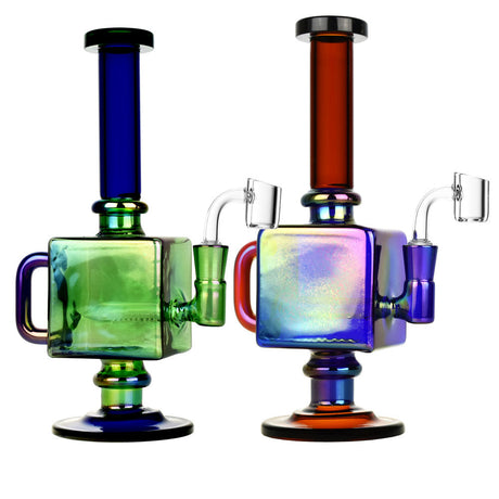 Iridescent Teapot Cube Inline Rigs with 14mm Female Joint, Borosilicate Glass, Front and Angle View